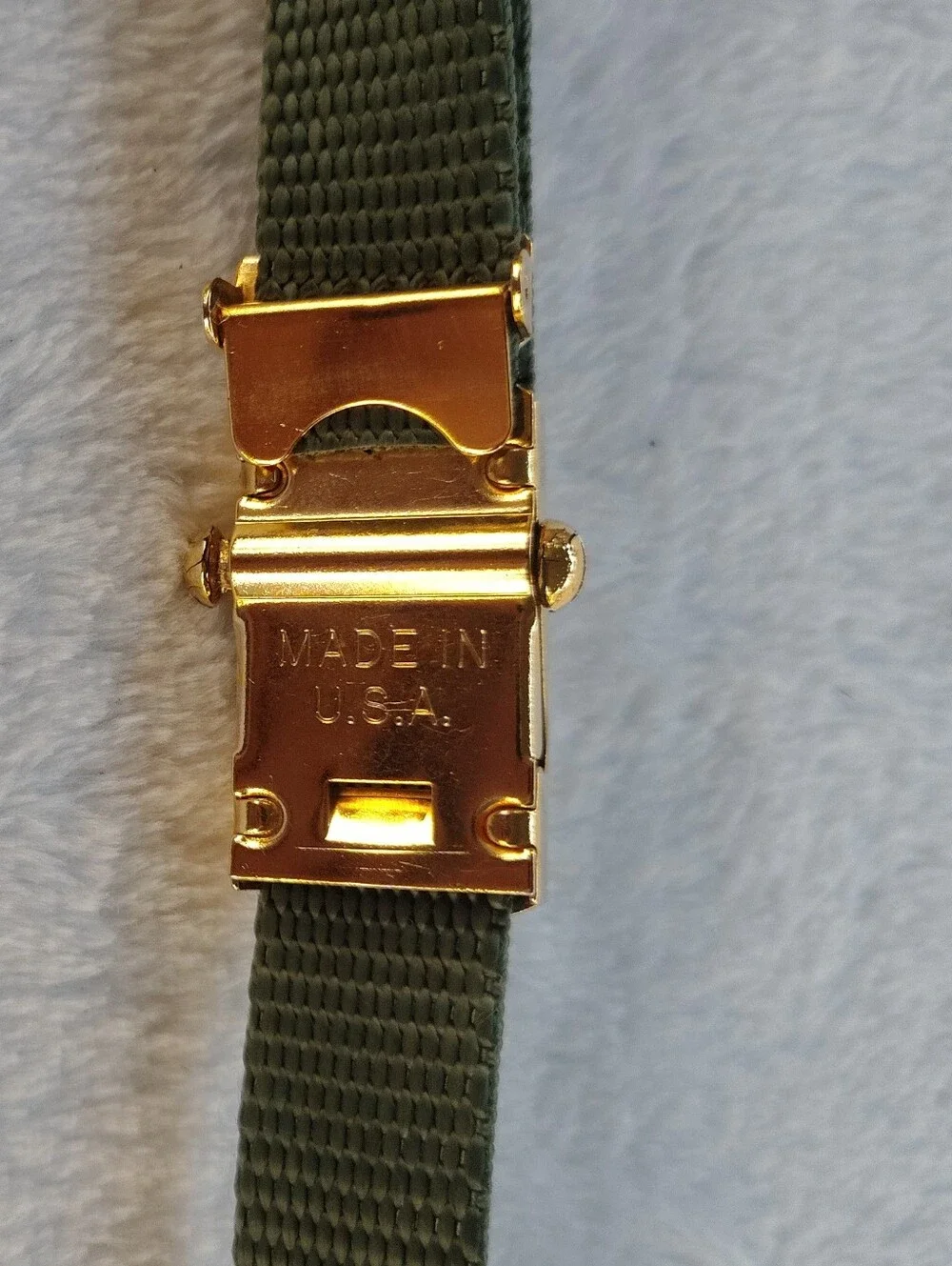 Vintage Pierre Cardin Olive Webbing Belt with Gold-Tone Logo Buckle